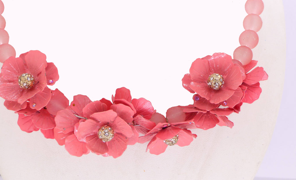 Metal Magnolia Flowers Glass Beaded Necklace - Vintage Lane Jewelry