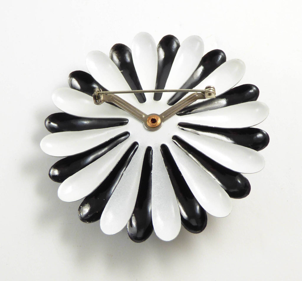 Vintage Enamel Black and white Large Flower Pin - Vintage Lane Jewelry