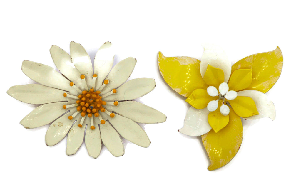 Yellow and white Colors Enamel Flower Lot 8 flowers, clip earrings - Vintage Lane Jewelry