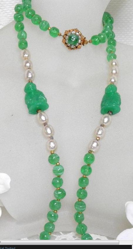 Miriam Haskell Peking Glass & Baroque Pearl Buddha Necklace - Vintage Lane Jewelry