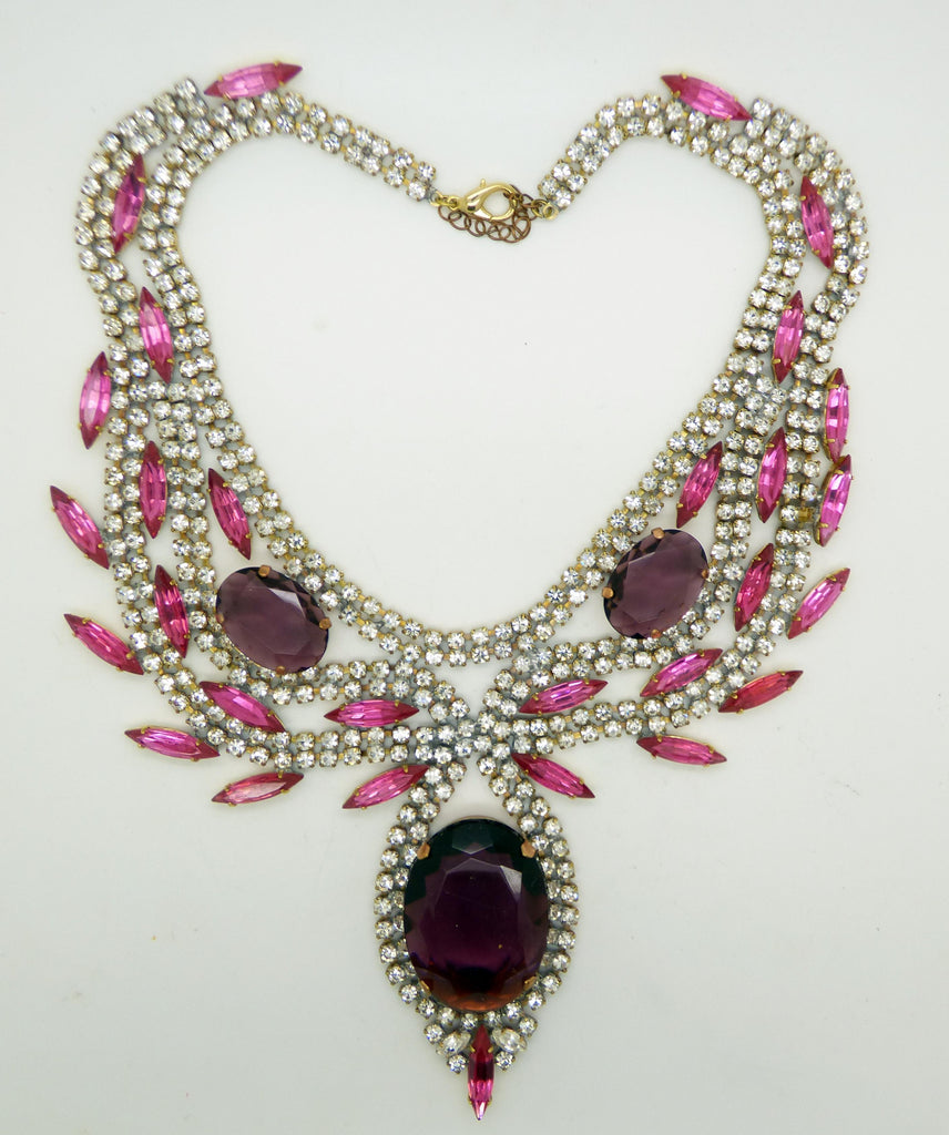 Statement Necklace Husar D. Pink, Purple and Clear Rhinestones - Vintage Lane Jewelry