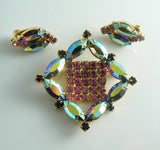 Pink, Red And Aurora Borealis Rhinestone Vintage Brooch Earring Set - Vintage Lane Jewelry