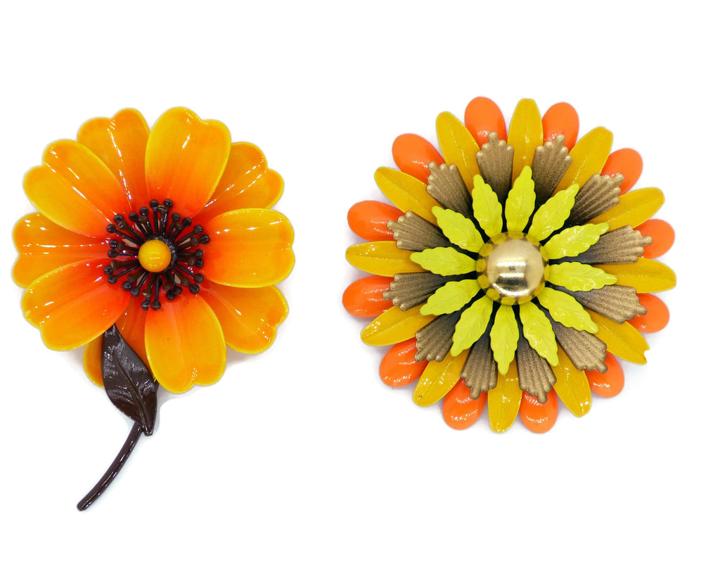 Orange and Peach Enamel Flower Lot, 8 pins, Flower Brooches - Vintage Lane Jewelry