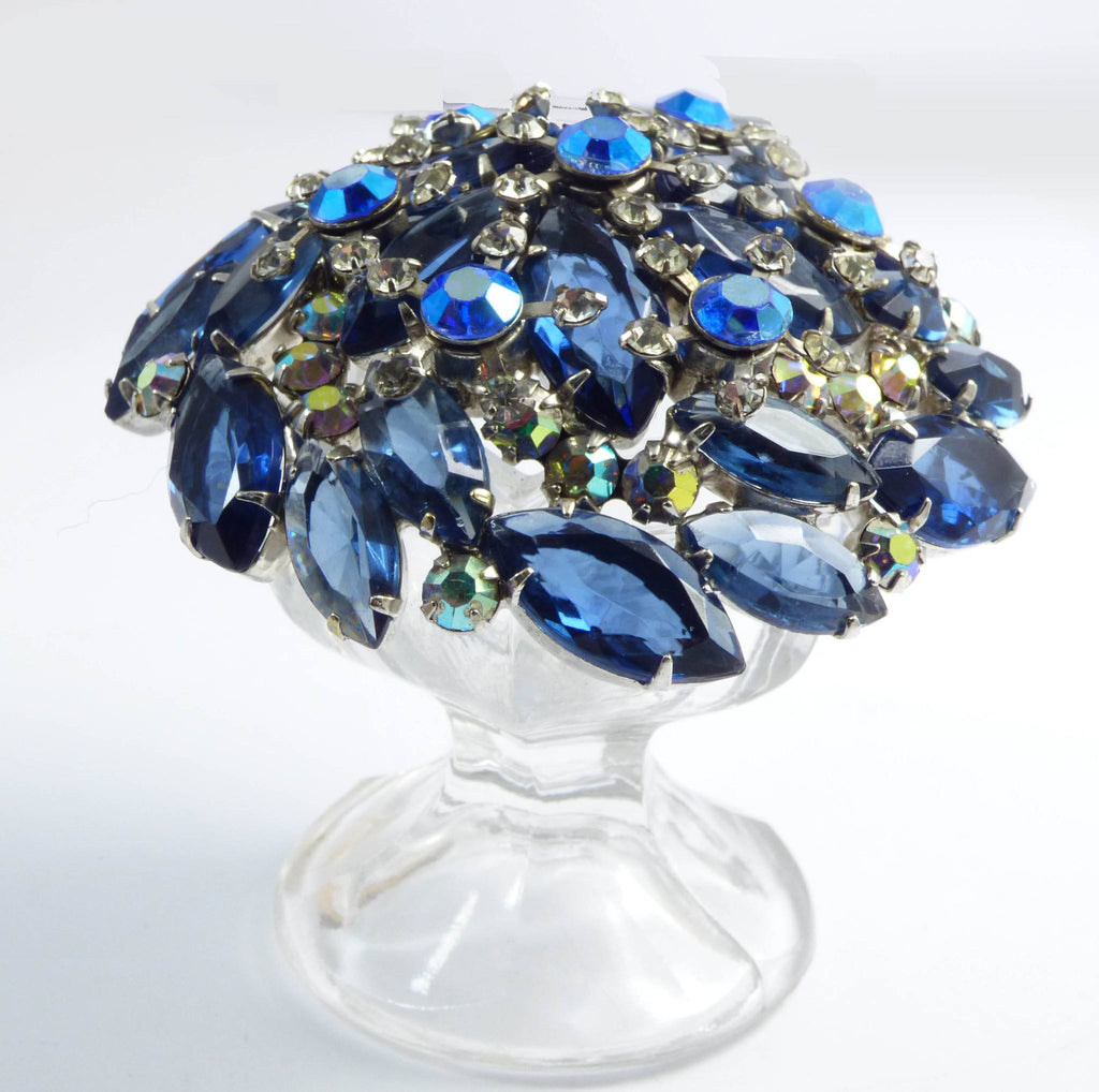 Juliana High Domed Blue and AB Rhinestone Large Rhodium Plated Brooch - Vintage Lane Jewelry
