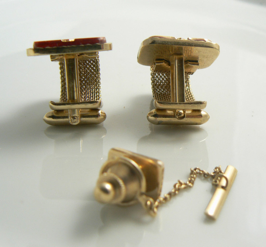 Vintage Mesh Wrap Red Etched Glass Cuff Links Cufflinks Set Tie Tack - Vintage Lane Jewelry