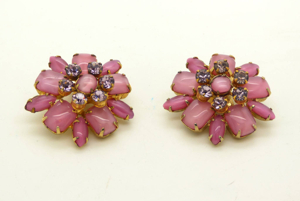 Vintage Juliana D & E Gold Plate Lavender Rhinestone Pink Art Glass Clip Earrings - Vintage Lane Jewelry