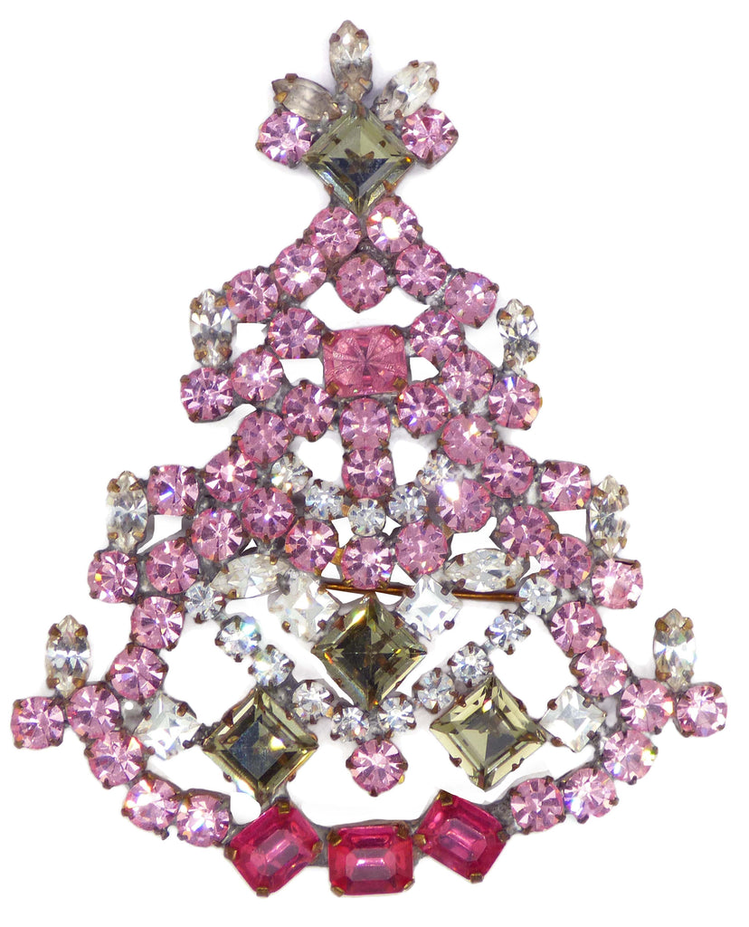 Bijoux MG Czech Glass Pink Christmas Tree Pin - Vintage Lane Jewelry