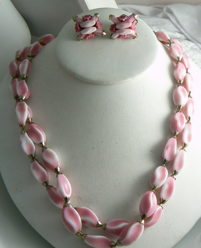 Alice Caviness Double Strand Pink Glass Necklace And Earring Set - Vintage Lane Jewelry
