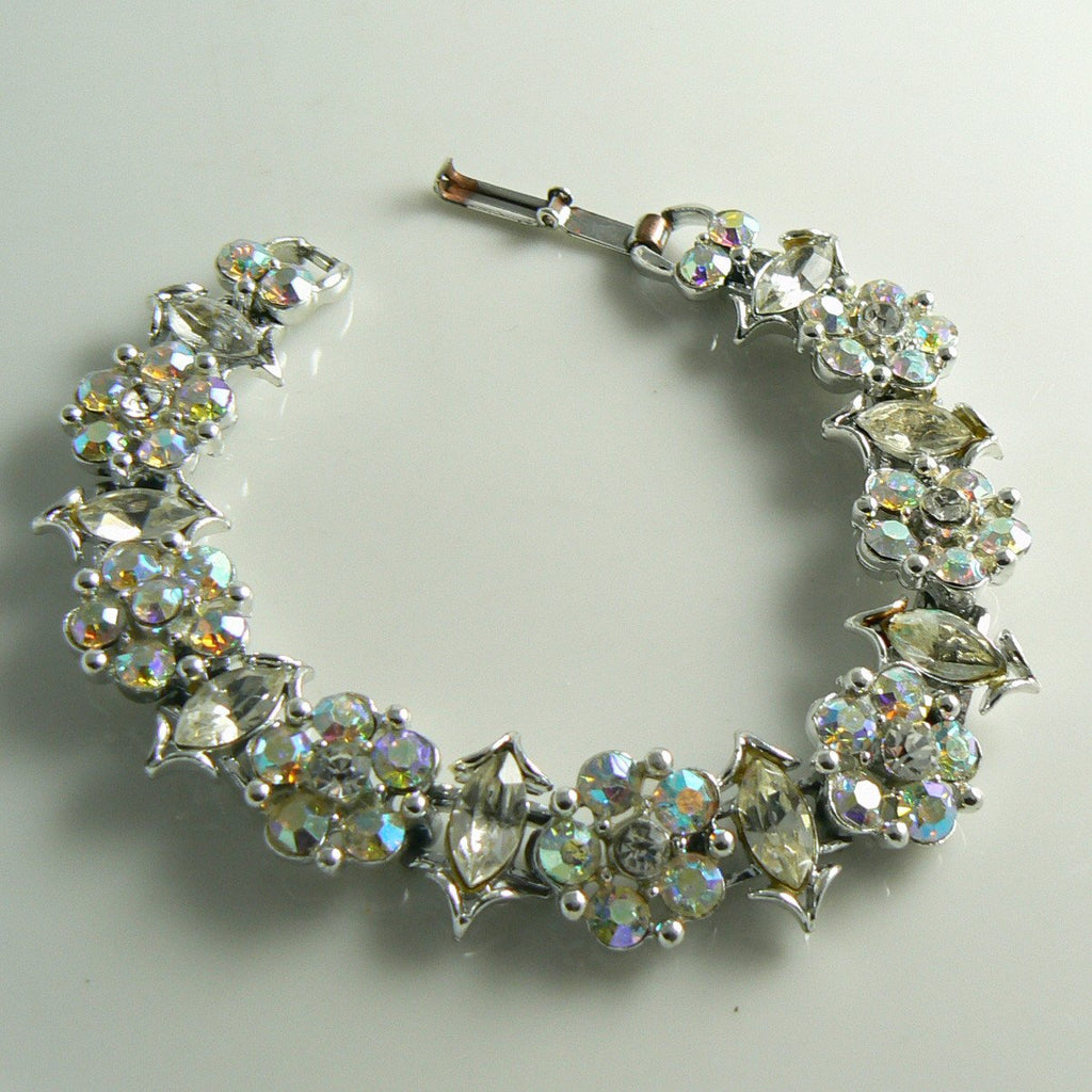 Vintage AB Aurora Borealis Rhinestone Flower Bracelet - Vintage Lane Jewelry