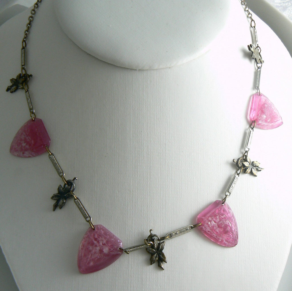 Art Deco Necklace With Pink Molded Glass Triangular Panels - Vintage Lane Jewelry