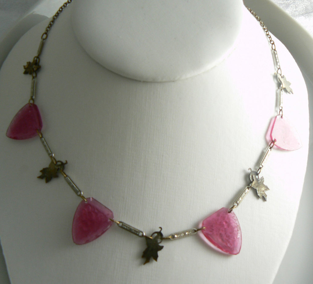 Art Deco Necklace With Pink Molded Glass Triangular Panels - Vintage Lane Jewelry