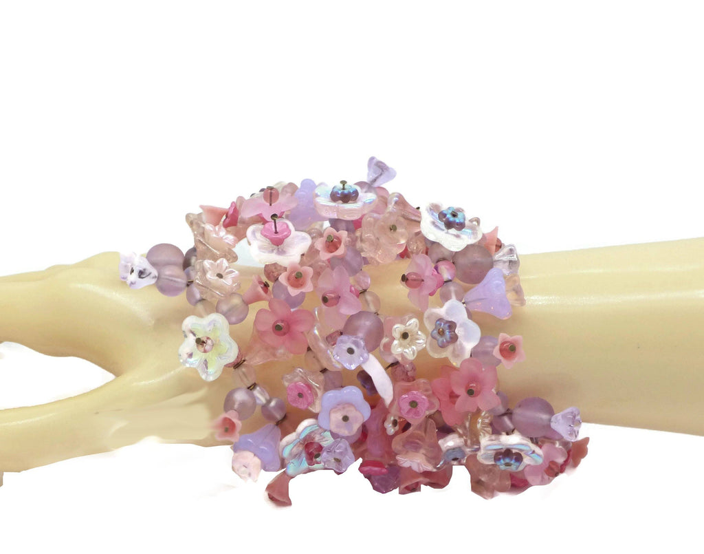 Pink Glass Flowers Beaded Memory Bracelet - Vintage Lane Jewelry