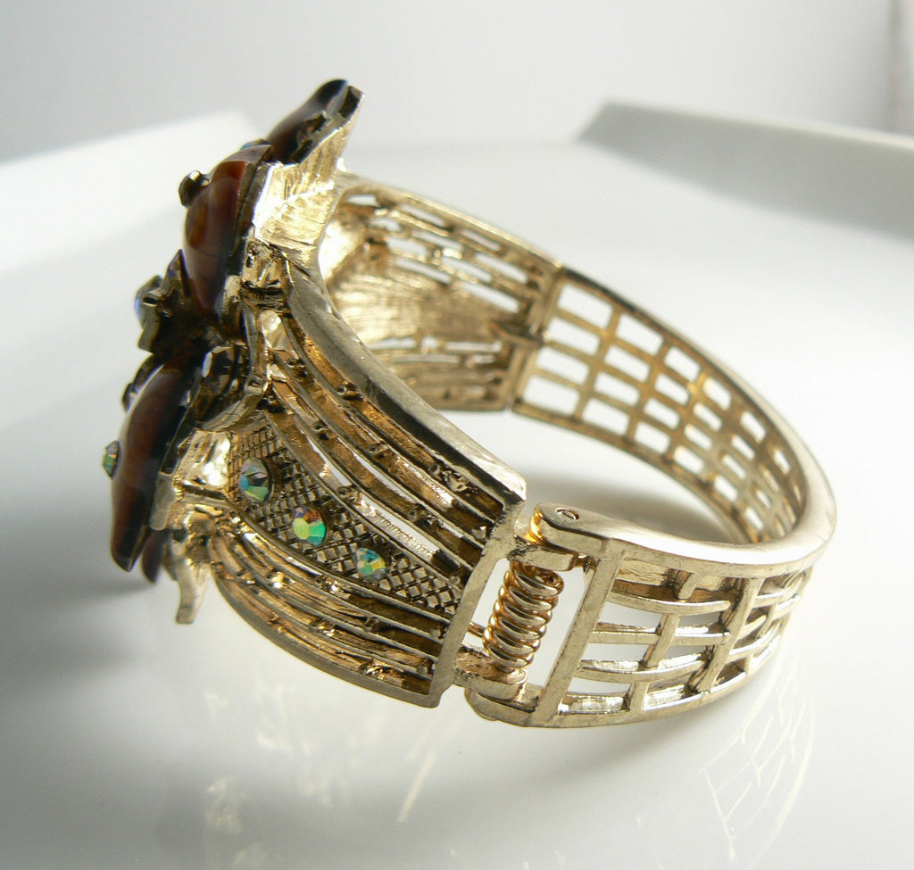 Gold tone rhinestone and enamel floral cuff bracelet - Vintage Lane Jewelry