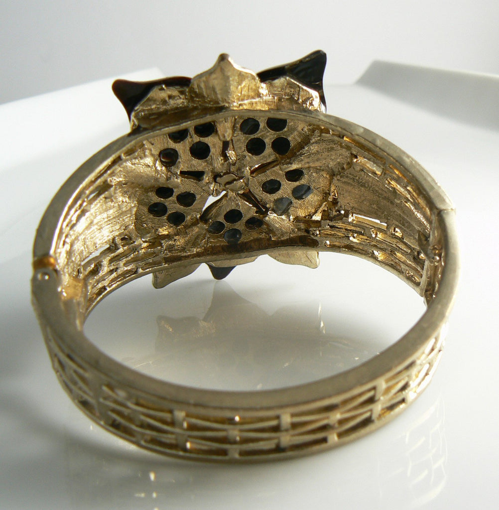 Gold tone rhinestone and enamel floral cuff bracelet - Vintage Lane Jewelry