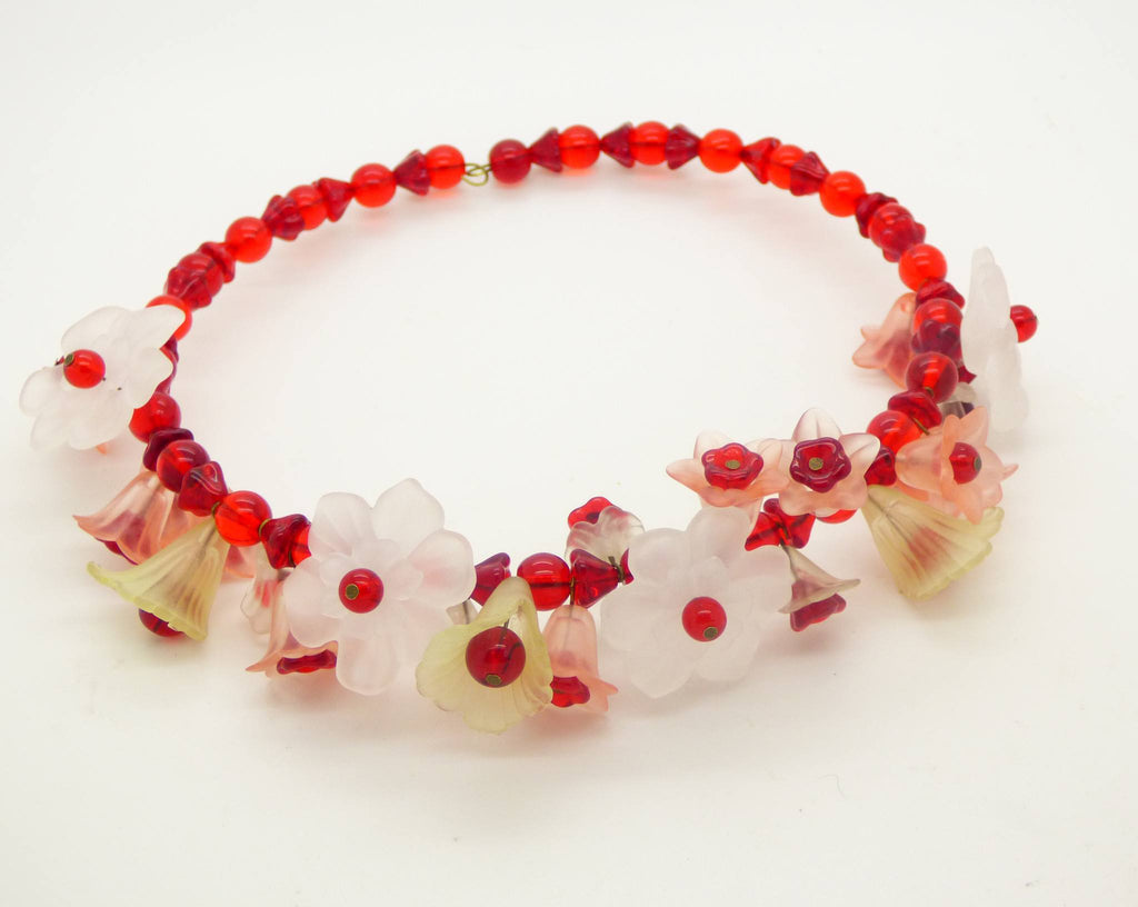 Lucite Flowers and Glass Beads Necklace, Red, White, Ivory and Peach Colors - Vintage Lane Jewelry