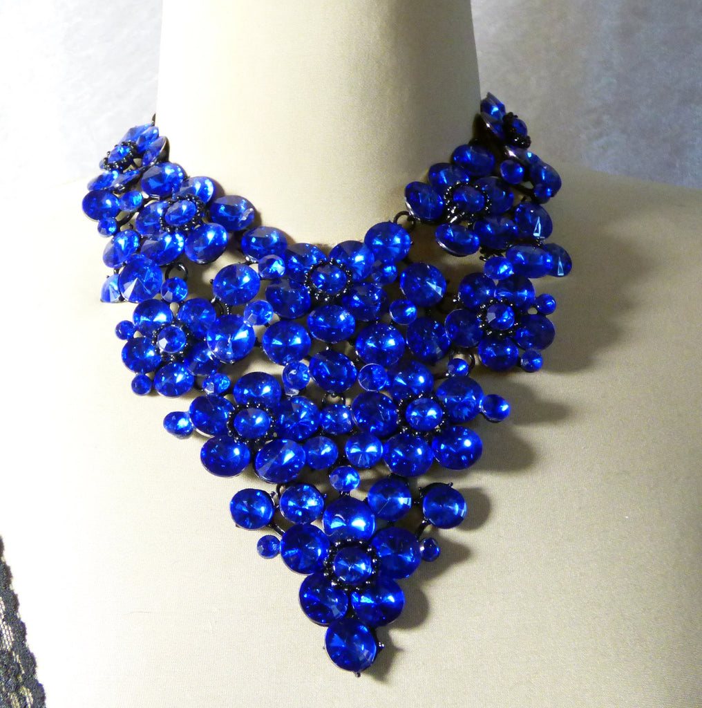 Rhinestone Statement Massive Necklace Bright Blue, Gun Metal - Vintage Lane Jewelry