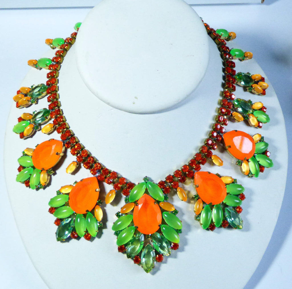 Orange and Green Rhinestones Neon Czech Glass Statement Necklace - Vintage Lane Jewelry
