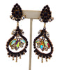 Black and White Czech Glass Rhinestone Clip Dangling Earrings - Vintage Lane Jewelry