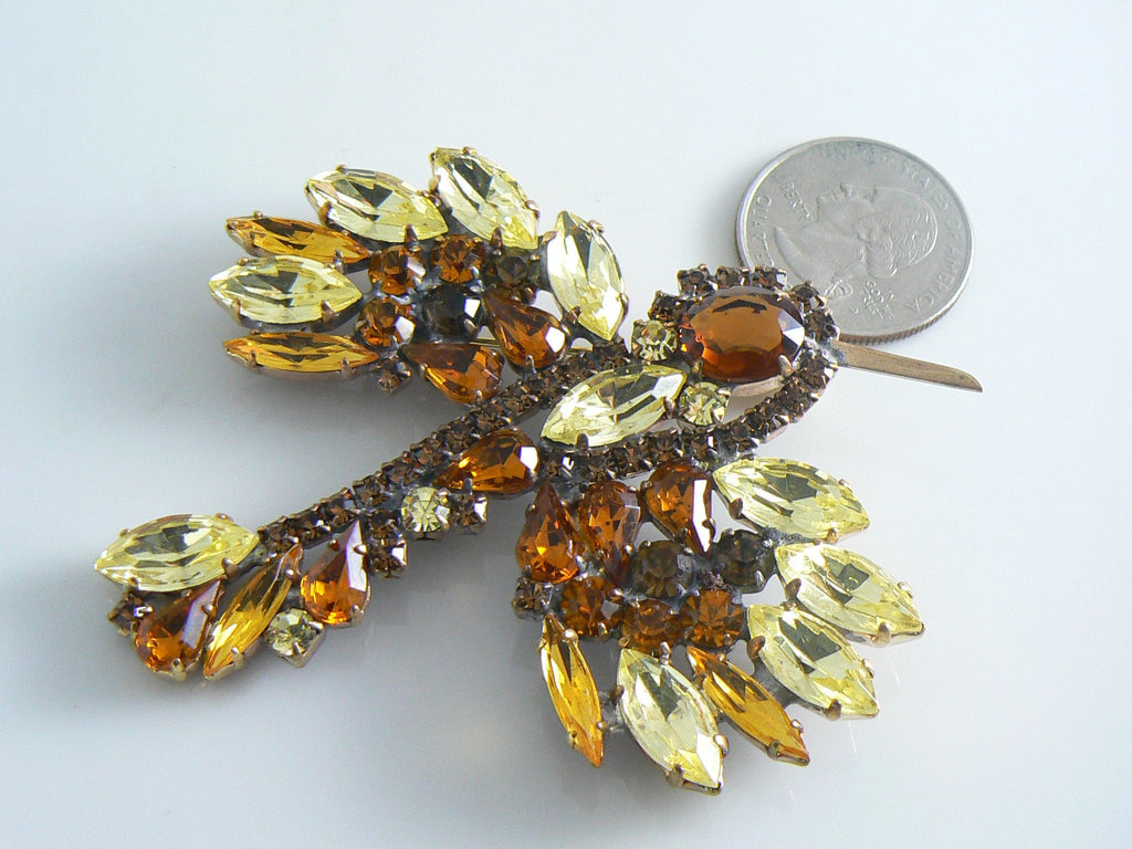 Large Yellow And Dark Amber Czech Rhinestone Hummingbird Brooch - Vintage Lane Jewelry