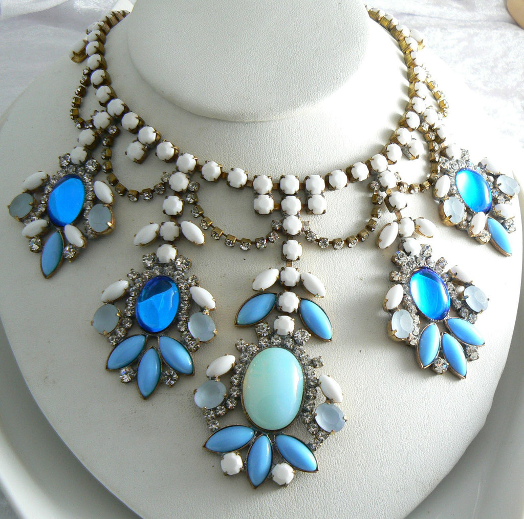 Czech Glass Opaque Blue And White Statement Necklace - Vintage Lane Jewelry