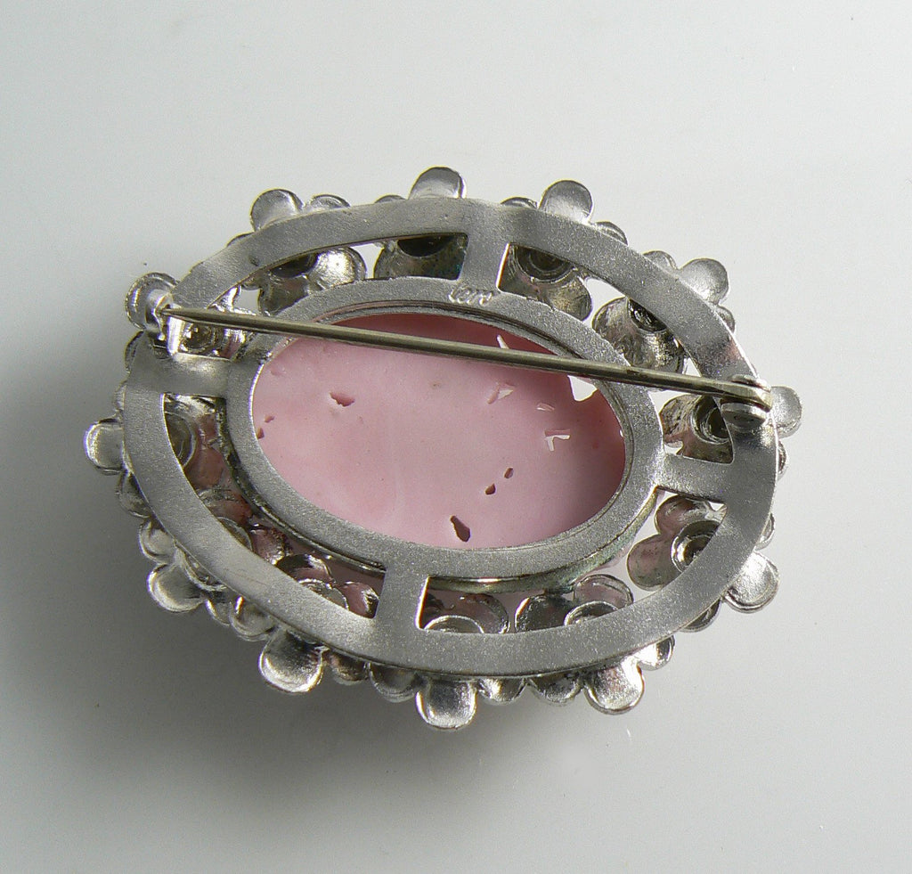 Vintage Coro Molded Pink Glass Flowers White Enamel Floral Brooch - Vintage Lane Jewelry