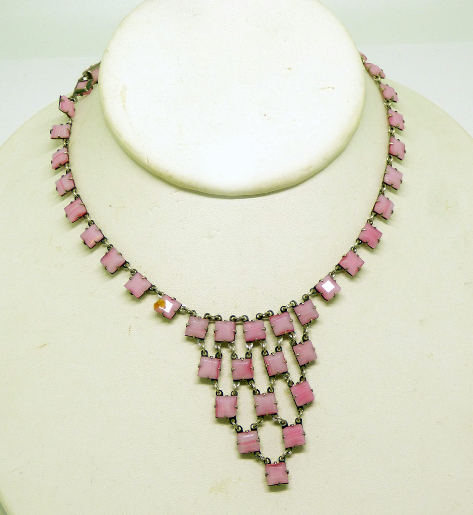 Vintage Art Deco Open Backed Pink Striped Art Glass Waterfall Sterling Silver Necklace - Vintage Lane Jewelry