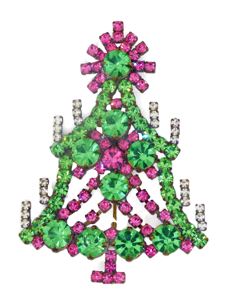 Husar D Pink and Green Rhinestone Christmas Tree Brooch - Vintage Lane Jewelry