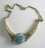 Vintage Sky Blue Rhinestone Gold Tone Chain Link Choker Necklace - Vintage Lane Jewelry