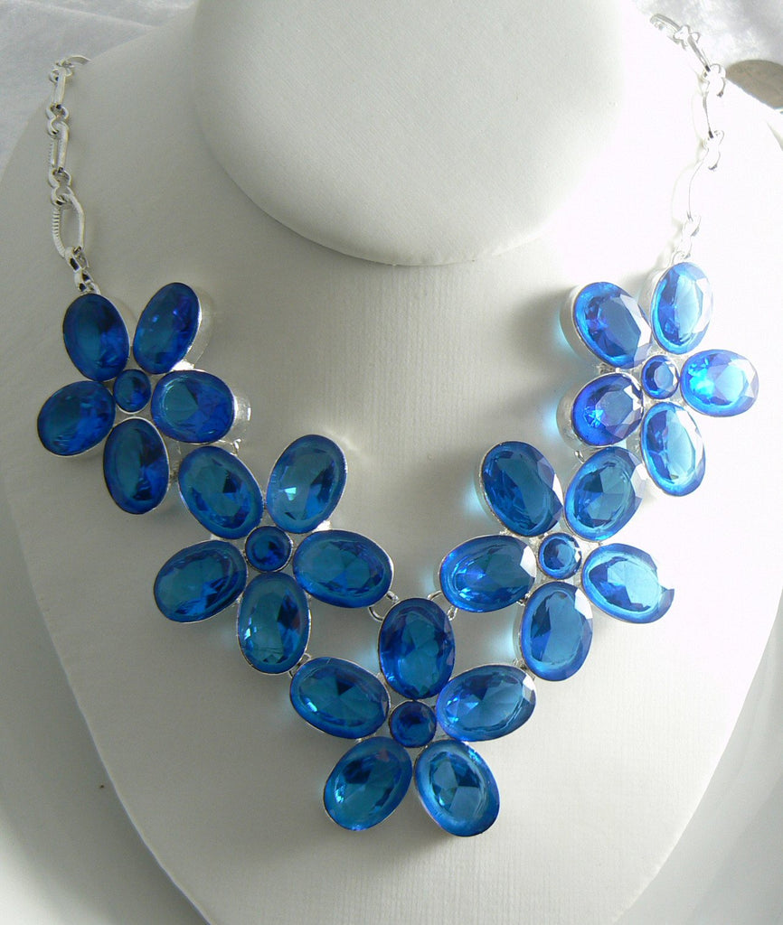 Huge Blue Sapphire Crystal Rhinestone Flower Silver Necklace - Vintage Lane Jewelry