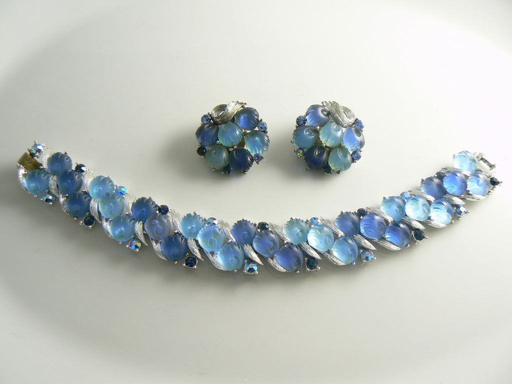 Lisner Shades Of Blue Molded Glass Rhinestone Bracelet Earring Set - Vintage Lane Jewelry
