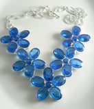 Huge Blue Sapphire Crystal Rhinestone Flower Silver Necklace - Vintage Lane Jewelry