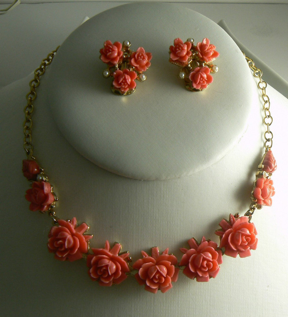 Carved coral celluloid rose and faux pearl necklace earring set - Vintage Lane Jewelry
