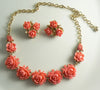 Carved coral celluloid rose and faux pearl necklace earring set - Vintage Lane Jewelry