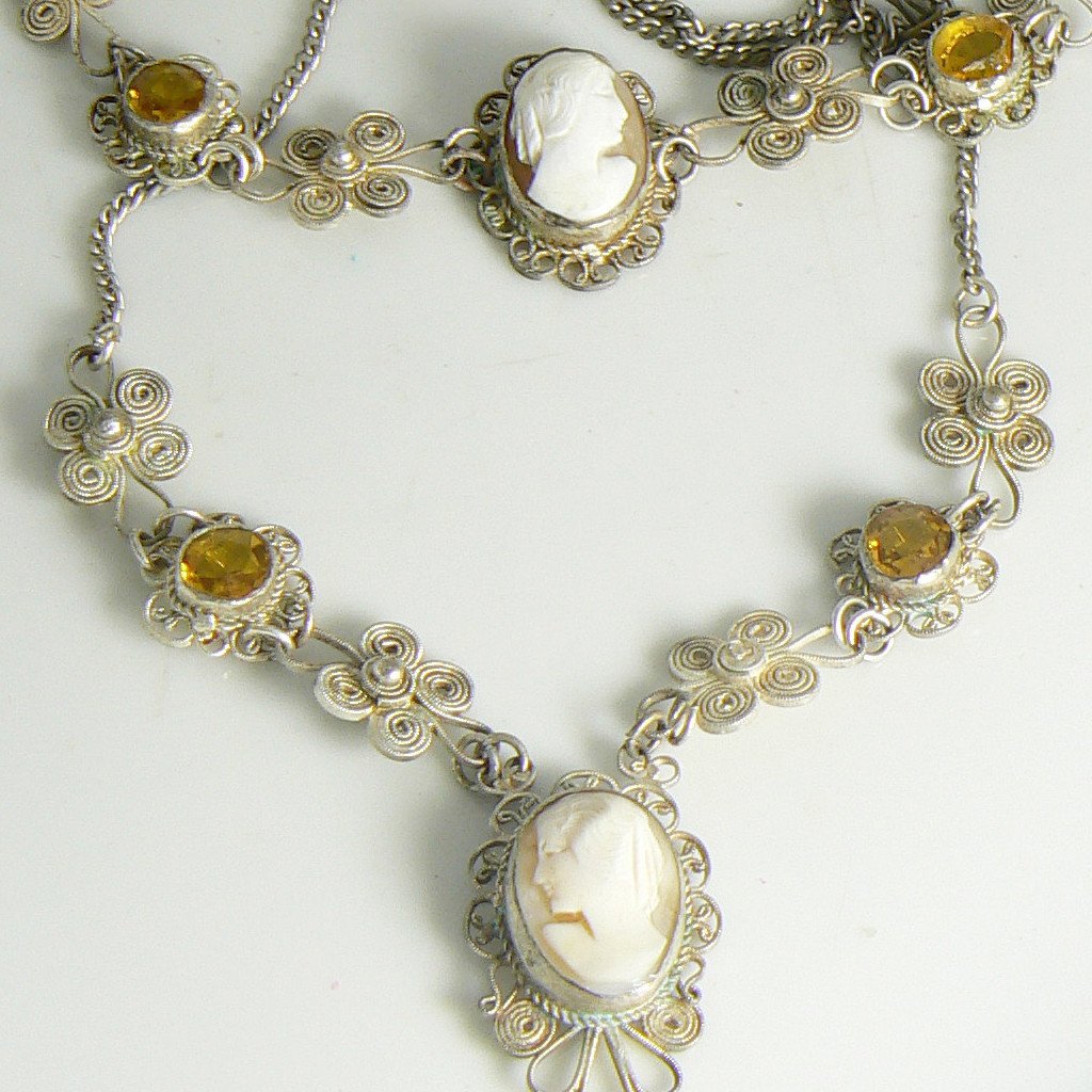 Victorian Cannetille Topaz Rhinestone Cameo Necklace and Bracelet Demi Parure Set - Vintage Lane Jewelry