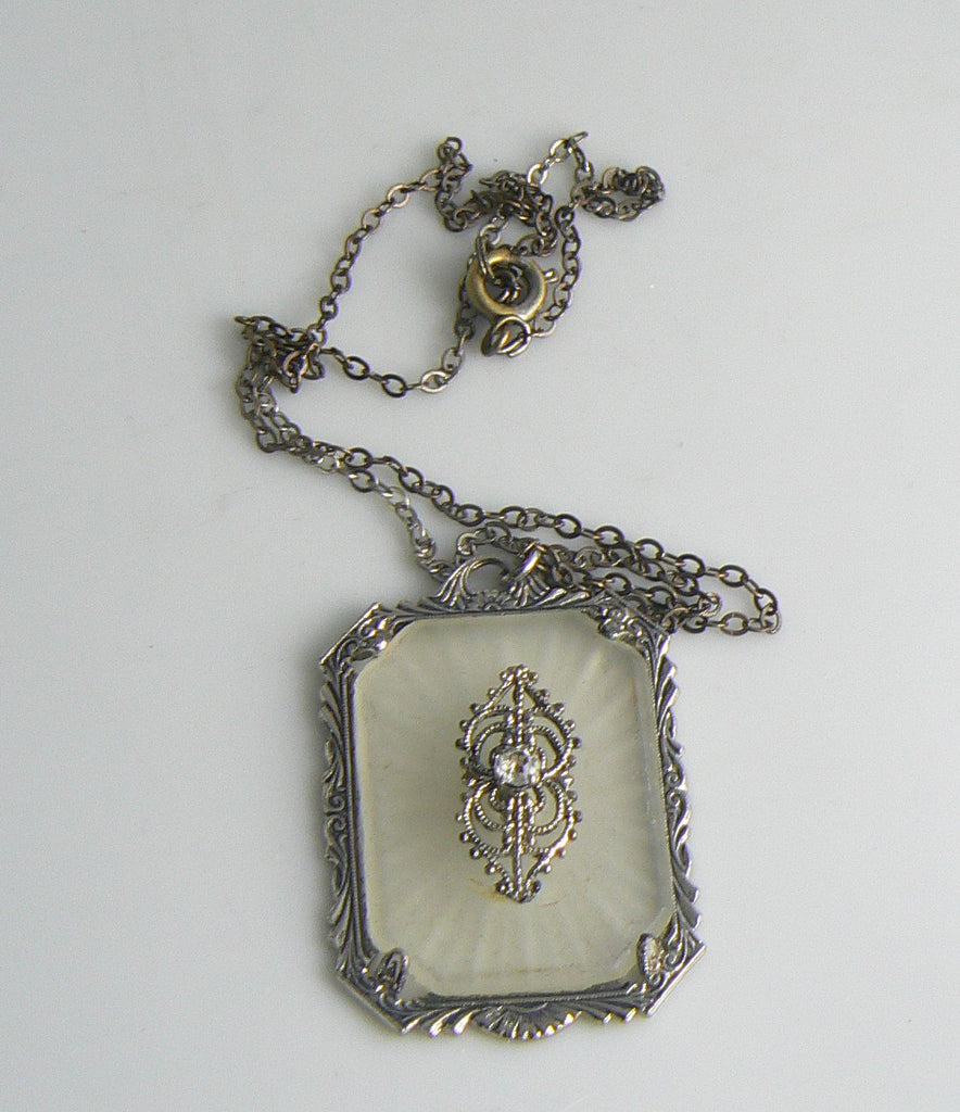 Antique 14K Gold Camphor Glass European Diamond Filigree Link Pendant  Necklace | eBay