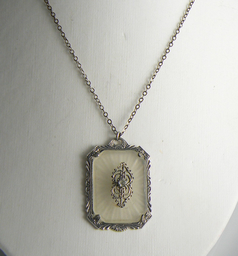 Large Gatsby Era Art Deco Camphor Glass Rhodium Plated Filigree Necklace - Vintage Lane Jewelry