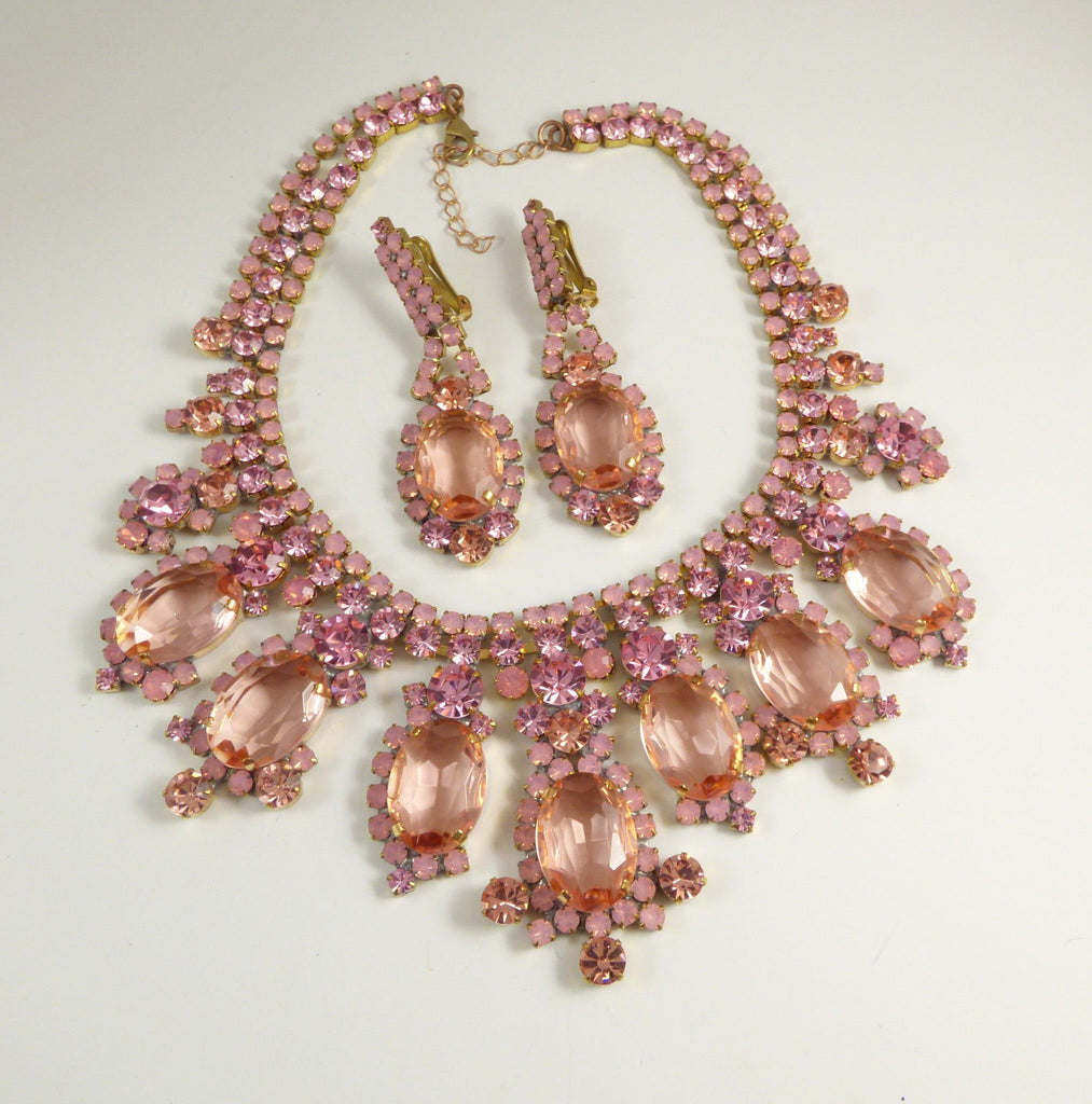 Pink Czech Glass Statement Necklace and Clip earrings - Vintage Lane Jewelry