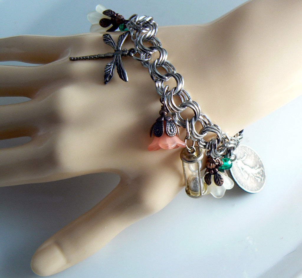 Sterling Silver Triple Link Italian Charm Bracelet With Charms - Vintage Lane Jewelry