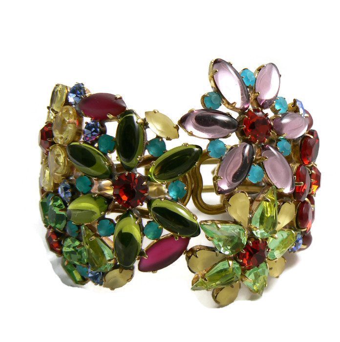 Czech Glass Multicolored Floral Cuff Bracelet - Vintage Lane Jewelry
