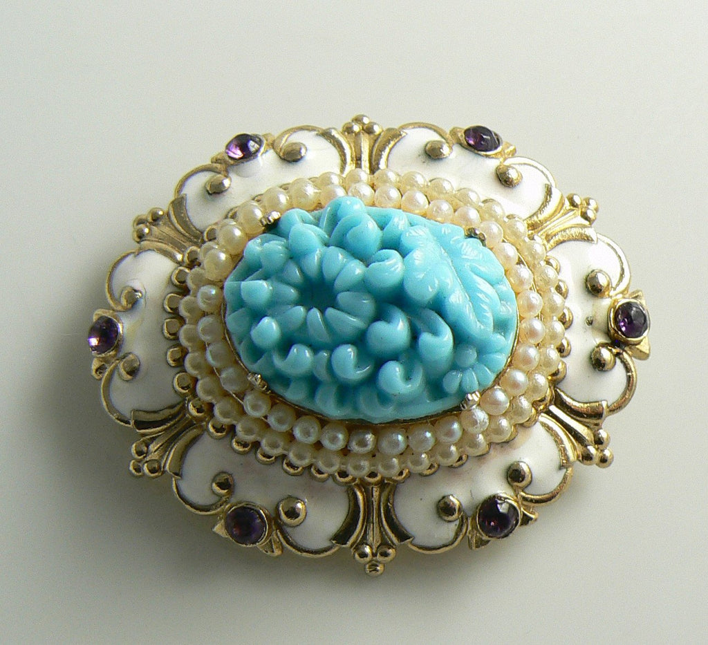 Coro Blue molded white enamel Brooch - Vintage Lane Jewelry