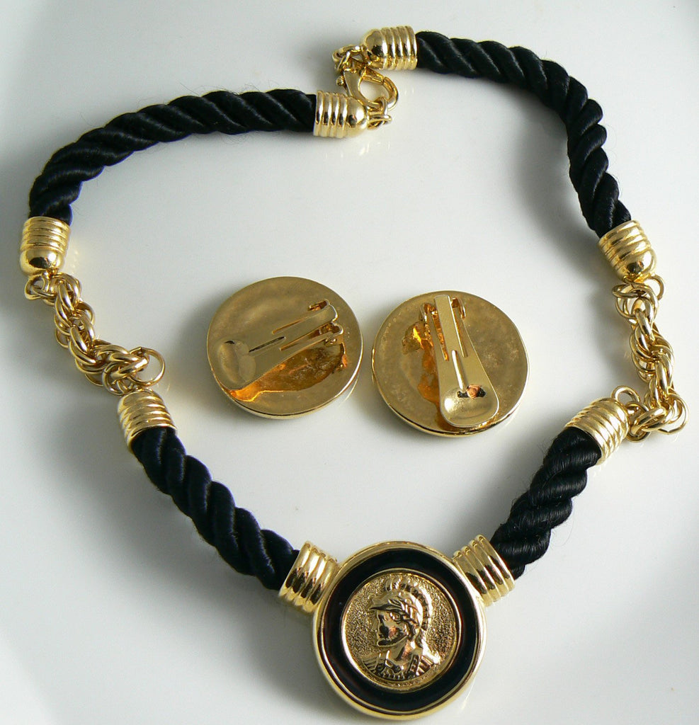 Black Enamel Intaglio Roman Solider Head Necklace Earring Set - Vintage Lane Jewelry