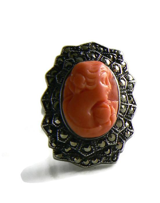 Art Deco Carved Coral Cameo Marcasite Ring - Vintage Lane Jewelry