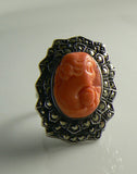 Art Deco Carved Coral Cameo Marcasite Ring - Vintage Lane Jewelry