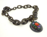 Antique Victorian Mourning Gutta Percha Painted Floral Pendant Necklace - Vintage Lane Jewelry
