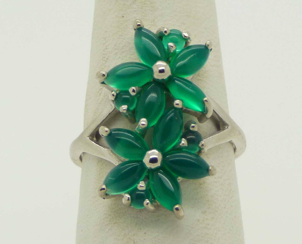 Natural Gemstone Aventurine Double Flower Ring, 14k white gold over sterling silver, Size 7. - Vintage Lane Jewelry