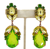Czech Glass Green Dangle Clip Earrings, Rhinestone - Vintage Lane Jewelry