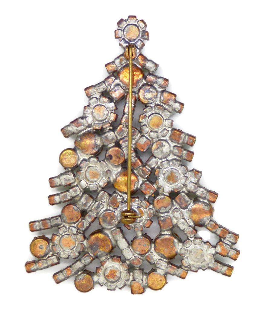 Czech Glass Christmas Tree Brooch Green with White Bulbs - Vintage Lane Jewelry