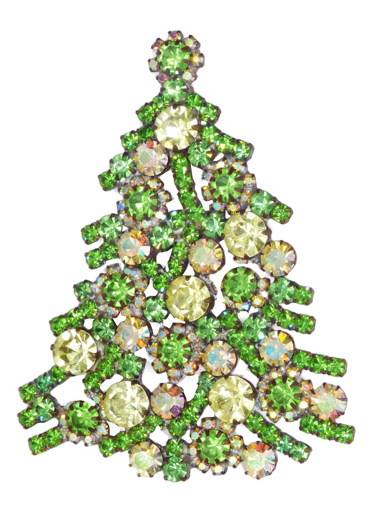 Czech Glass Christmas Tree Brooch Green with White Bulbs - Vintage Lane Jewelry