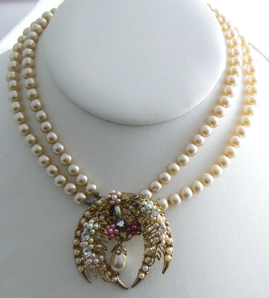 Early Miriam Haskell 2 Strand Rhinestone Centerpiece Necklace - Vintage Lane Jewelry