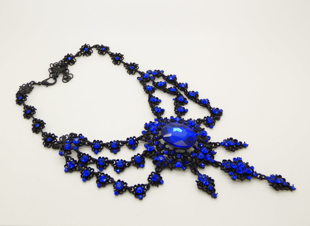 Cobalt Blue Rhinestone Black Gun Metal Statement Lavalier Necklace - Vintage Lane Jewelry